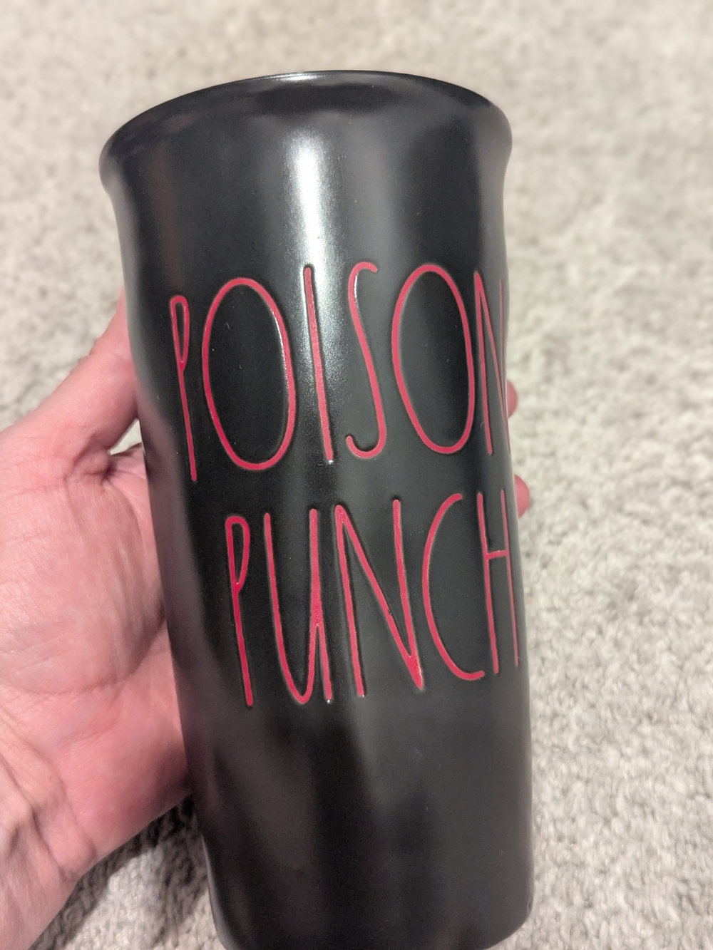 Rae Dunn Black Ceramic Tumbler with Red Lettering "Poison Juice"